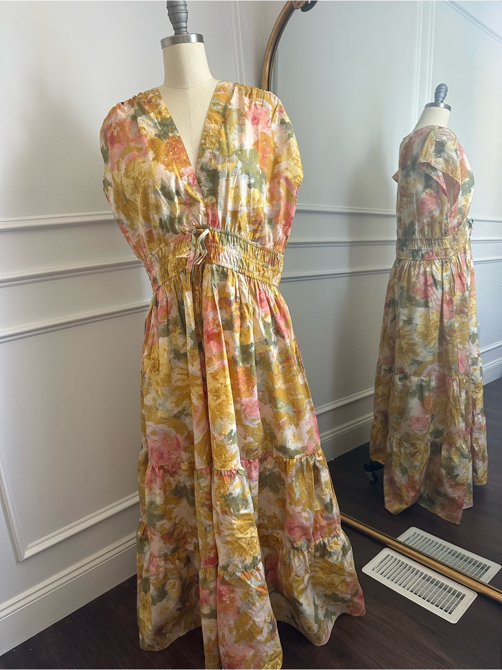 CeCe Mustard and Pink Floral V-Neck Maxi Dress